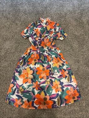 Ruffled Neck Floral Midi Dress in Orange and Teal